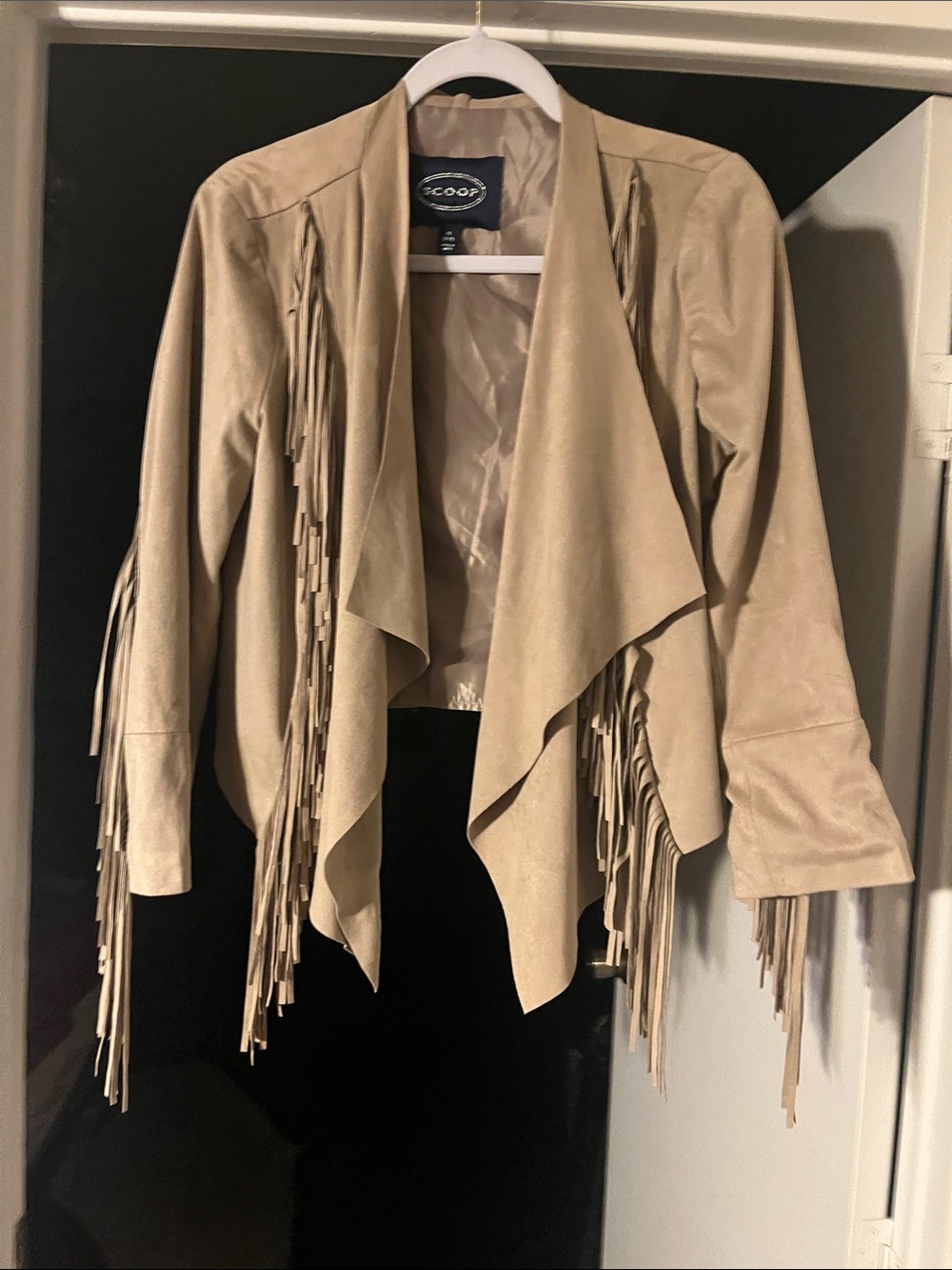Suede like Fringe Open-Front Jacket in Beige